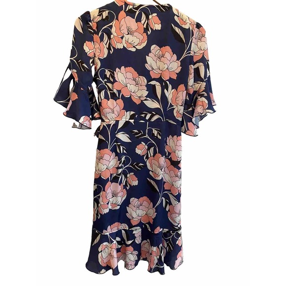 New ALEXIA ADMOR Floral Satin Wrap Dress Blue Pink Size Small Short Bell Sleeve - Picture 7 of 10